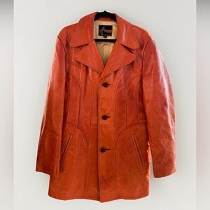 Vagabond Vintage Burnt Orange Genuine Leather Long Coat (42) | Custom Made | 70s
